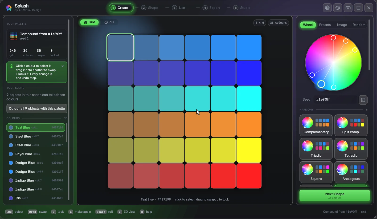 The Create step of the Splash window: the colour wheel, harmony cards and a 6×6 palette