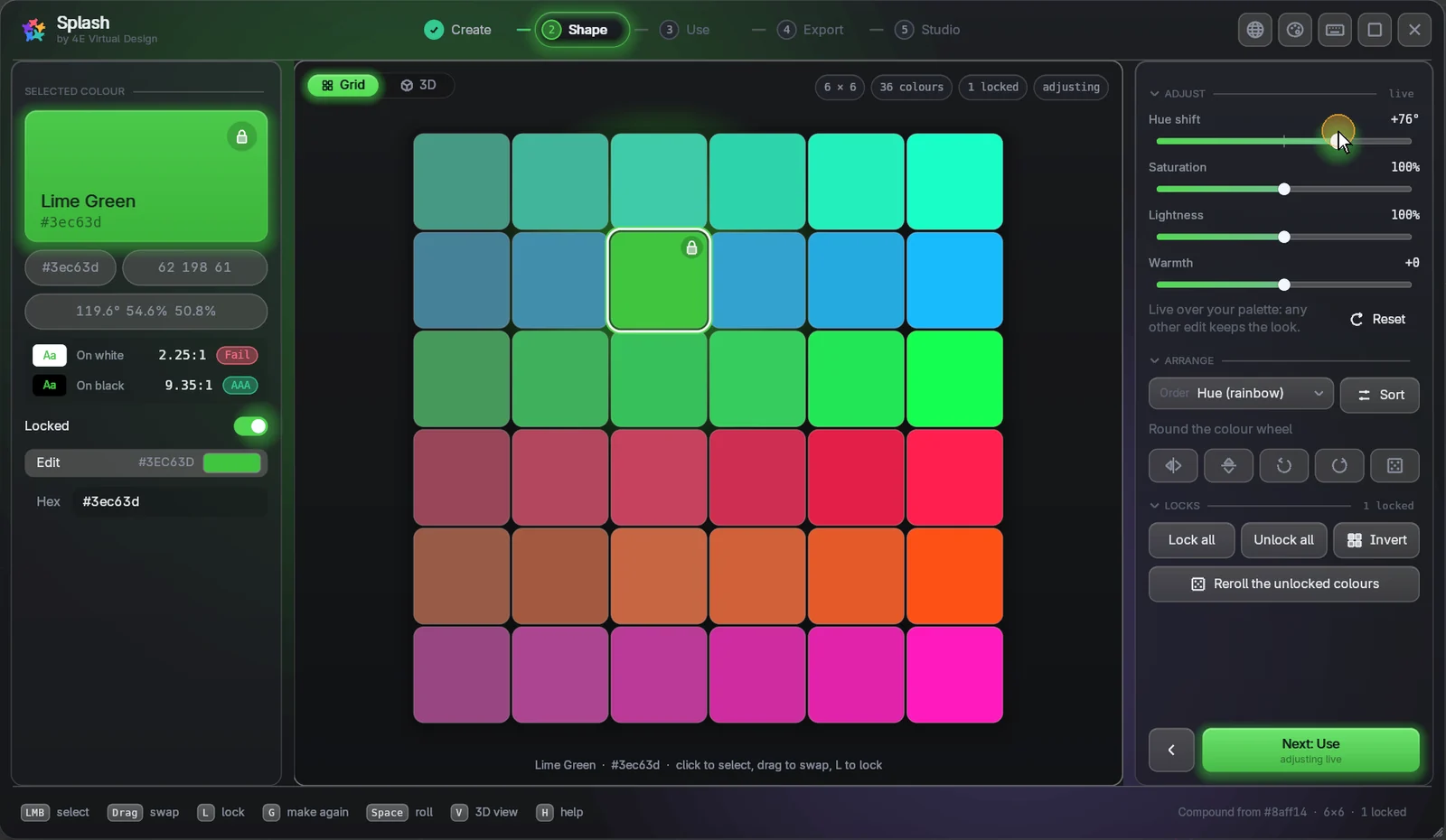 The Shape step: one colour locked while the hue shift changes the rest