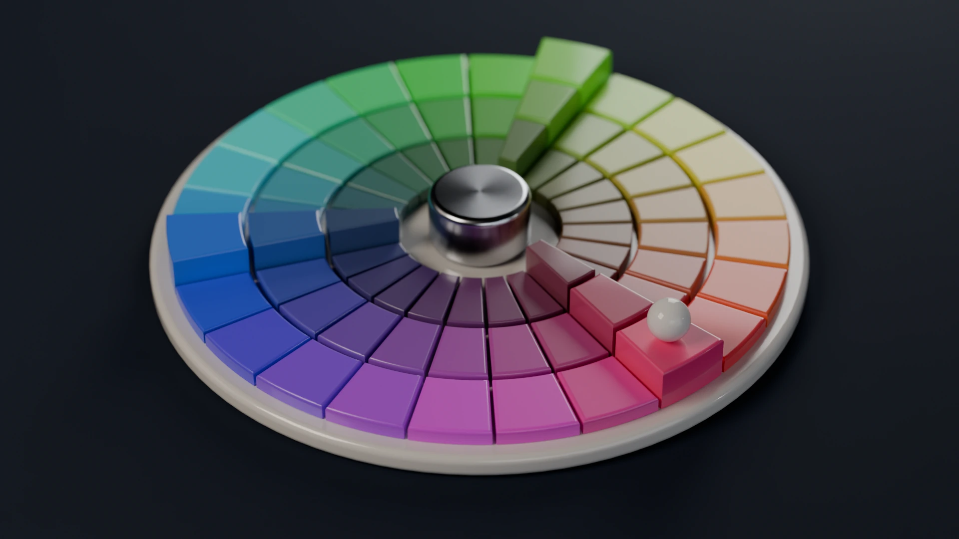 A colour wheel disc with a triadic harmony picked out by raised segments